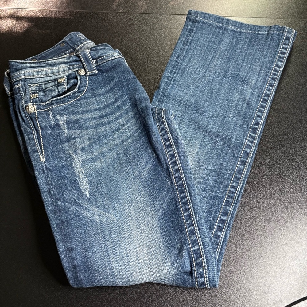 Miss Me fleur de lis enboired jeans size 28 distressed boot cut‎ western Buckle - Picture 3 of 10